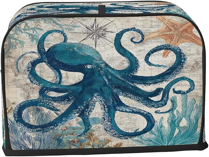 2 Slice Octopus Ocean Vintage Toaster Cover Waterproof Dust Fingerprint Bread Machine Cover Washable Kitchen Appliance Protector For Home Kitchen Bakeware Table Decor Women Gifts