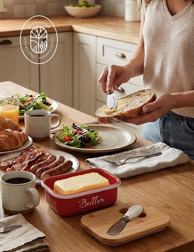 Butter Dish, Butter Dish with Lid for Countertop,Metal Butter Keeper with Stainless Steel Multipurpose Butter Knife, Large Butter Container with quality Silicone Good Kitchen Gift,Red