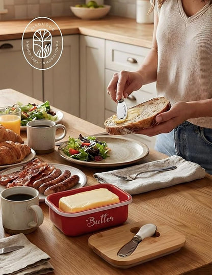 Butter Dish, Butter Dish with Lid for Countertop,Metal Butter Keeper with Stainless Steel Multipurpose Butter Knife, Large Butter Container with quality Silicone Good Kitchen Gift,Red