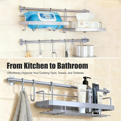 Kitchen Utensil Hanger & Spice Rack with Towel Rack Holder, 3 Sets Space-Saving Kitchen Wall Mount Shelf Storage Organizer with Hooks for Pantry, Countertop, Bathroom