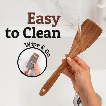 PriorityChef Teak Wood Spatula for Cooking - Flat Wooden Spatula for Cooking on Nonstick Pans, Stirring & Flipping - Wood Kitchen Utensil - Wide Wooden Paddle for Baking & Serving