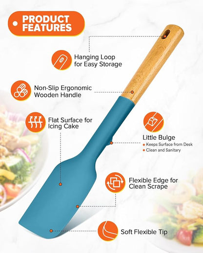 Silicone Spatula Spoon Set, Great for Mixing, Folding, Scraping, and Spreading, Sturdy BPA-Free Matte Silicone, Wooden Handle Rubber Spoonula for Nonstick Cookwares,4 Pack (BLUE)