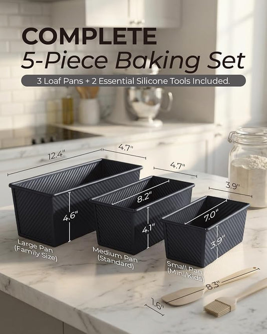 CARTMAN 3-Piece Pullman Loaf Pan with Lid Set – Non-Stick Carbon Steel Bread Pan with Bottom Vents – Includes Large (12"), Medium (8") & Mini (7") Sizes plus Silicone Tools – Classic Black