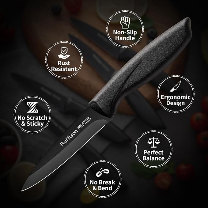 4-Piece Fruit Knife Set 7.88-inch stainless steel paring knife Straight blade with pointed tip design PP plastic ergonomic handle Specifically designed for cutting fruits and vegetables,Black.