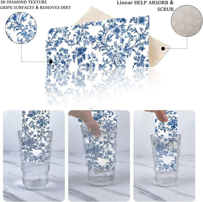Blue Floral Swedish Dishcloths for Kitchen, 6 PCS Blue White Flower Reusable Dish Cloth, Absorbent Sponge Dish Towels for Kitchen Cooking Farmhouse Home Decoration Housewarming Gifts