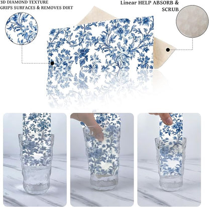 Blue Floral Swedish Dishcloths for Kitchen, 6 PCS Blue White Flower Reusable Dish Cloth, Absorbent Sponge Dish Towels for Kitchen Cooking Farmhouse Home Decoration Housewarming Gifts