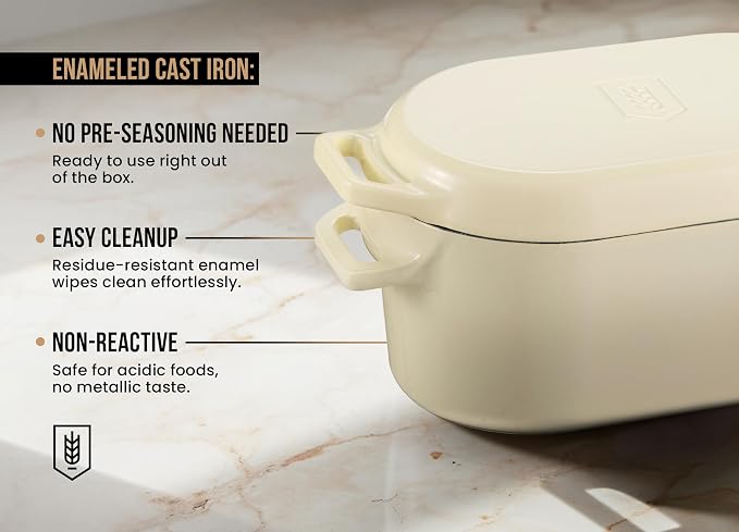 KooK Oval Loaf Shaped Cast Iron Dutch Oven for Bread Baking, 3.4 Qt Sourdough Dutch Oven with Lid, Enameled, Lid Lever, Dual Handles, Dishwasher Safe, 500°F Ivory
