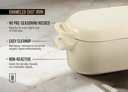 KooK Oval Loaf Shaped Cast Iron Dutch Oven for Bread Baking, 3.4 Qt Sourdough Dutch Oven with Lid, Enameled, Lid Lever, Dual Handles, Dishwasher Safe, 500°F Ivory