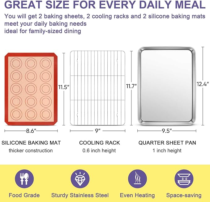 TeamFar Stainless Steel Baking Sheet, 12.5inch Baking Pans Cookie Sheets for Baking with Cooling Rack & Silicone Baking Mat - 2 Sheet Pans + 2 Roasting Racks + 2 Silicone Mats, Non Toxic, Easy Clean