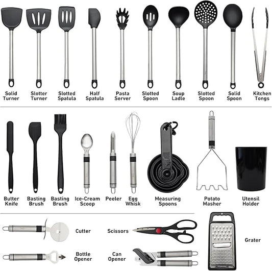 Silicone Kitchen Utensils Set 33 PCS Heat Resistant Food Grade Silicone Utensils Set for Cooking with Stainless Steel Handles BPA Free Kitchen Gadgets Tools Set with Holder Safe for Nonstick Cookware