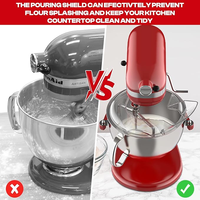 Pouring Shield for KitchenAid Mixer & Splash Guard Attachment - Compatible with 5.5-8QT Bowl-Lift Stand Mixers for KitchenAid