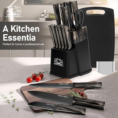 16-Piece Kitchen Knife Block Set with Cutting Board - German Stainless Steel Knives, Built-In Sharpener, Dishwasher Safe, Anti-Slip Handle - All-in-One Cutlery Set for Home/Kitchen (Black)