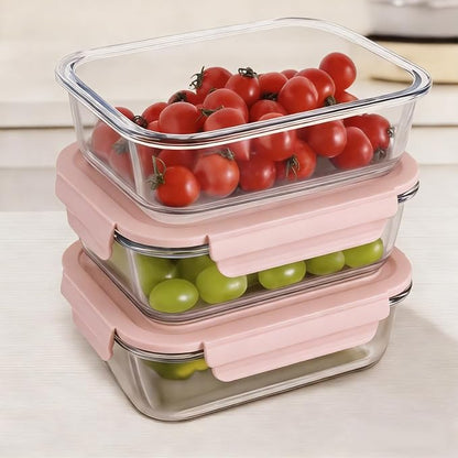 Glass Food Storage Containers with Lids, Airtight Meal Prep Containers, 4 Pack Set with Multiple Sizes (Pink)