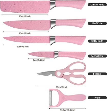 TJ POP Kitchen Knife Set with Peeler and Scissors, 6 PCS Rustproof Sharp Chef Knives Set with Food Grade Non-Stick Coated Stainless Steel Blades, Cute Pink Knife Set for Home Restaurant Camping BBQ