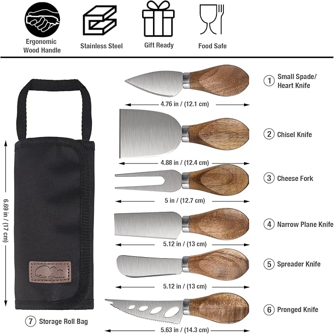 Charcuterie Board Accessories - 6 Piece Cheese Knife Set Stainless Steel With Acacia Wooden Handle for Cheese Serving Cutting, Cheese Tools Butter Knife With Storage Bag Included Gift Set