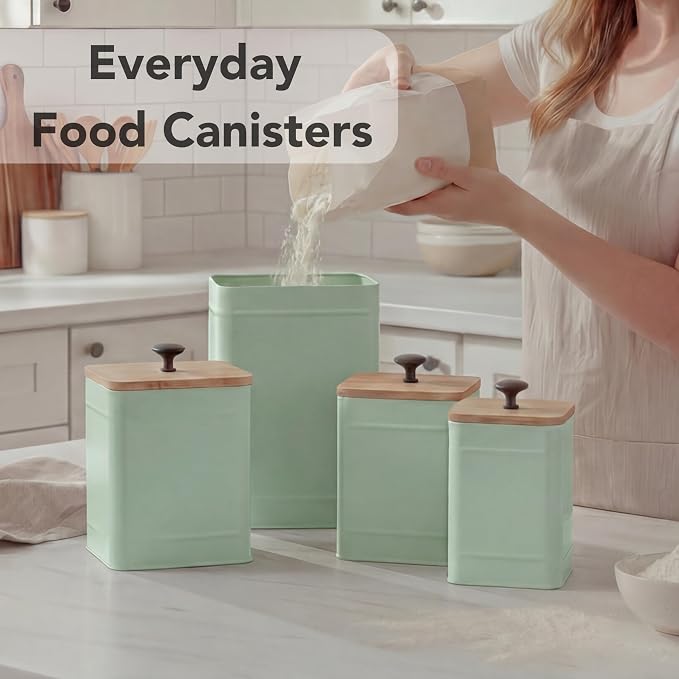 PERFNIQUE Kitchen Canisters, Airtight Canister Sets of 4 for Kitchen Counter, Sage Green Kitchen Accessories, Coffee Tea Sugar Flour Spice Tin Jars Food Storage (Sage Green)