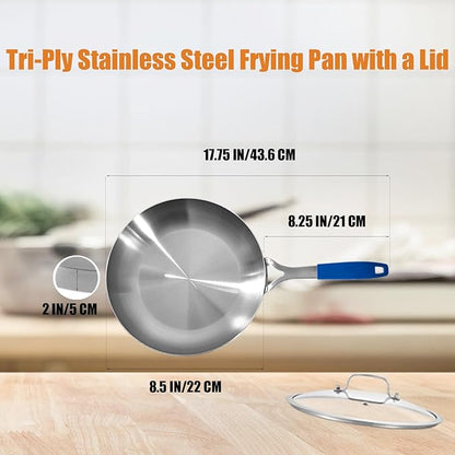 Inqibee 8.5 Inch Tri-Ply Stainless Steel Frying Pan with Lid, Skillet, Induction Cooking Pan, Chef's Pan, Induction Cooking Pans, Pots and Pans Set, Dishwasher Safe and Detachable Handle