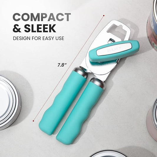 Zulay Kitchen Heavy Duty Stainless Steel Can Opener Manual with Bottle Opener - Rust Proof Manual Can Opener With Turn Knob & Comfy Soft Grip Handles - Teal