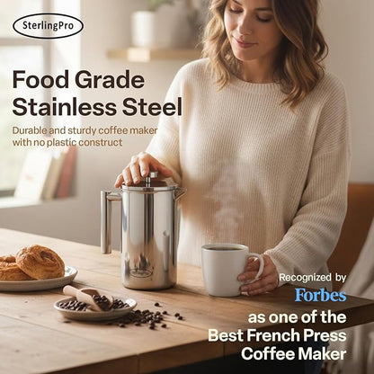 SterlingPro Extra Large Insulated Stainless Steel French Press Coffee Maker 59oz – Insulated Metal XL Double Wall Coffee Maker | Plastic Free | Cool-Touch | Mirror Finish | Makes up to 16 cups /8 mugs