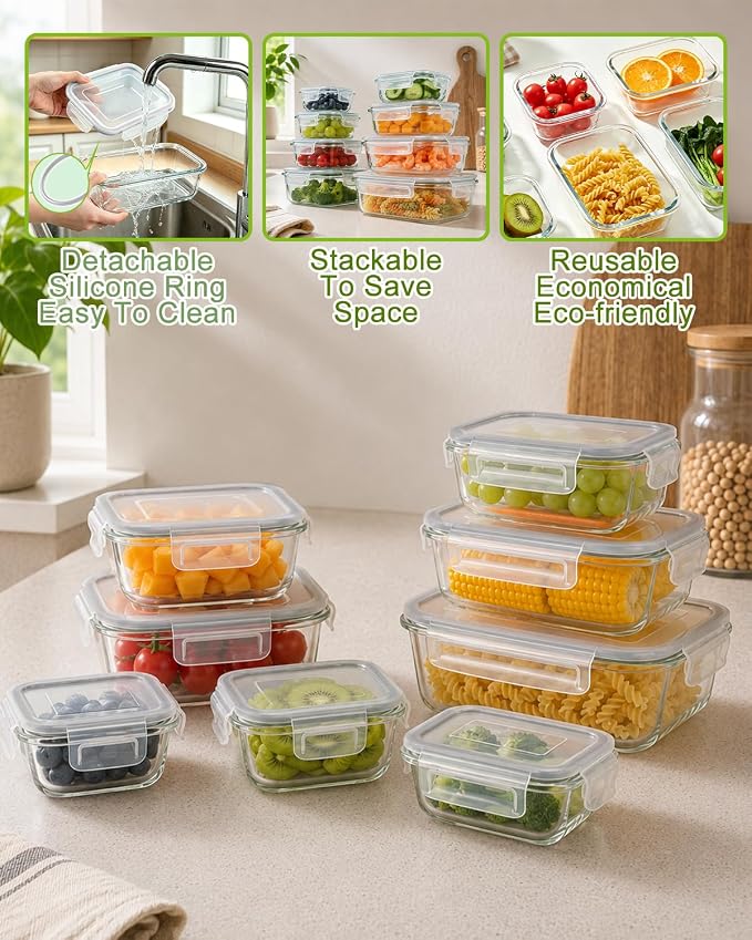 Glass Food Storage Containers with Airtight Lids, 12/8 Piece Set, Leak Proof Bento Boxes, Includes Measuring Spoons (8, GREY)