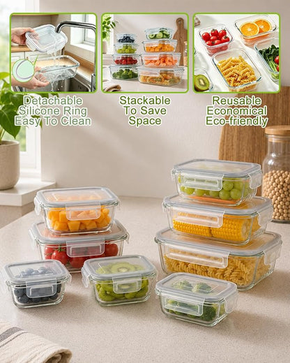 Glass Food Storage Containers with Airtight Lids, 12/8 Piece Set, Leak Proof Bento Boxes, Includes Measuring Spoons (8, GREY)