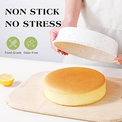 10 inch Silicone Round Cake Pans with Metal Reinforced Frame, Nonstick Cake Molds for Baking, BPA Free Set of 3 (Cream)