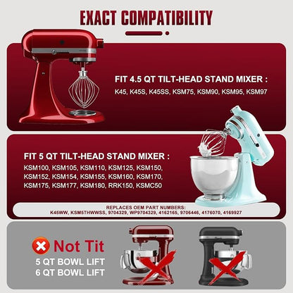 Whole Stainless Steel K45WW Whisk Attachment for KitchenAid 4.5-5 Tilt-Head Mixer, Dishwasher Safe Wire Whip for Kitchen Aid