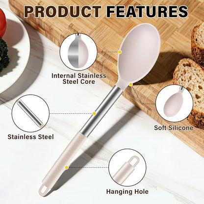 3Pcs Silicone Cooking Spoon Set, Kitchen Utensils Include Solid & Slotted Spoon, Soup Ladle, Food-Grade Heat Resistant 446°F, Non-Scratch Spoons for Serving, Stirring, Draining, Dishwasher Safe, Khaki