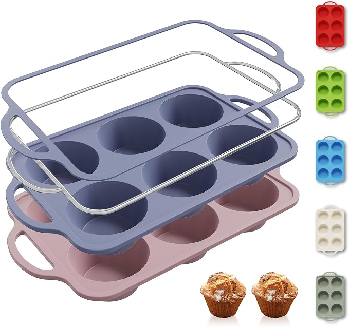 2 Packs 6 Cups Silicone Muffin Pan with Metal Reinforced Frame Jumbo Size Cupcake Pan Tray Egg Bites Silicone Circle Cookie Molds Extra Large Muffin Tin Tart Pans for Breakfast Sandwiches