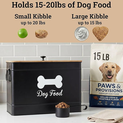 Dog Food Container Airtight 15-20 lb (70 Cup) Capacity with Metal Scoop - Cute Airtight Dog Food Storage Container with Bamboo Lid - Black Metal Kibble Storage Bin for Dogs up to 100 lbs - Big Pet Jar