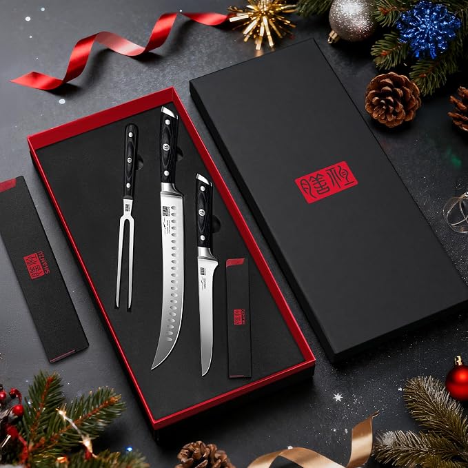 SHAN ZU 3Pcs BBQ Carving Knife Set with Sheath – for Turkey, Meat, BBQ, Brisket, Razor Sharp Slicing Knife, Professional 5Cr15MoV Stainless Steel, Ergonomic Full Tang Wood Handle, Gift Box Included