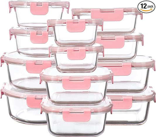FAWLES 12 Pack Glass Storage Containers with Lids, Leak-Proof Meal Prep Containers, Dishwasher/Microwave/Oven/Freezer Safe Glass Food Storage Containers for Leftovers, to Go