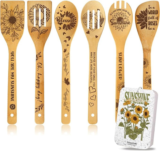 6Pcs Sunflower Engraved Bamboo Spoons Set Kitchen Gifts for Women, You Are My Sunshine Christian Inspired Encouragement Gifts for Mon Grandma, Housewarming & Special Occasion Present