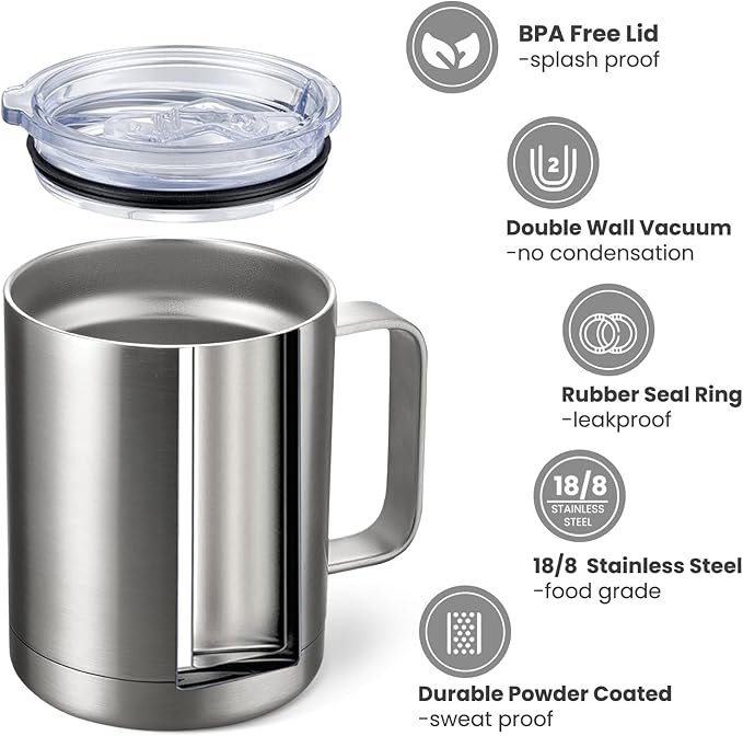 MEWAY 12oz Coffee Mug With Handle 2 Pack Bulk,Stainless Steel Insulated Travel Tumblers With Sliding Lid,Double Wall Vacuum Camping Cup for Hot & Cold Drinks Tea (Sliver,Set of 2)