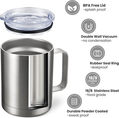 MEWAY 12oz Coffee Mug With Handle 2 Pack Bulk,Stainless Steel Insulated Travel Tumblers With Sliding Lid,Double Wall Vacuum Camping Cup for Hot & Cold Drinks Tea (Sliver,Set of 2)