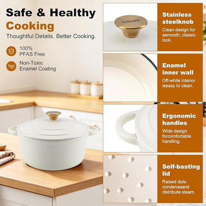 Enameled Cast Iron Dutch Oven - 5.5QT Pot with Lid,Oven Safe to 500°F,Heavy-Duty Cookware for Sourdough Bread Baking,Braising,Stews,Roasting Cream