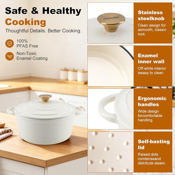 Enameled Cast Iron Dutch Oven - 4QT Pot with Lid,Oven Safe to 500°F,Heavy-Duty Cookware for Sourdough Bread Baking,Braising,Stews,Roasting Cream