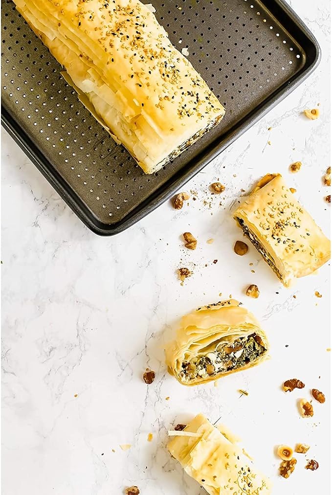 MasterClass Crusty Bake, Baking Tray with PTFE, PFOA and BPA Free Non Stick, Robust 1mm Thick Carbon Steel, Cookie Sheet, Perforated Holes for Ultimate Crisp, Ultra Double Layer, 39x27cm, Grey