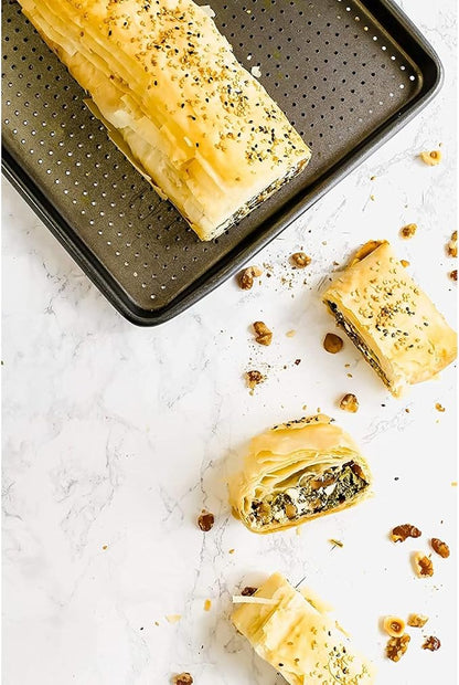 MasterClass Crusty Bake, Baking Tray with PTFE, PFOA and BPA Free Non Stick, Robust 1mm Thick Carbon Steel, Cookie Sheet, Perforated Holes for Ultimate Crisp, Ultra Double Layer, 39x27cm, Grey