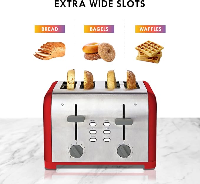 Kenmore Toaster 4 Slice - Extra Wide Slot Countertop Kitchen Appliance, Defrost Function, Grille-Pain, 9 Shade Settings, Compact Design, Easy Clean Crumb Tray, Bread Bagel, Stainless Steel & Red