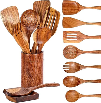 Wooden Kitchen Utensil Set, 9-Piece Cooking Tools with Holder and Spoon Rest, Wooden Spoons for Cooking