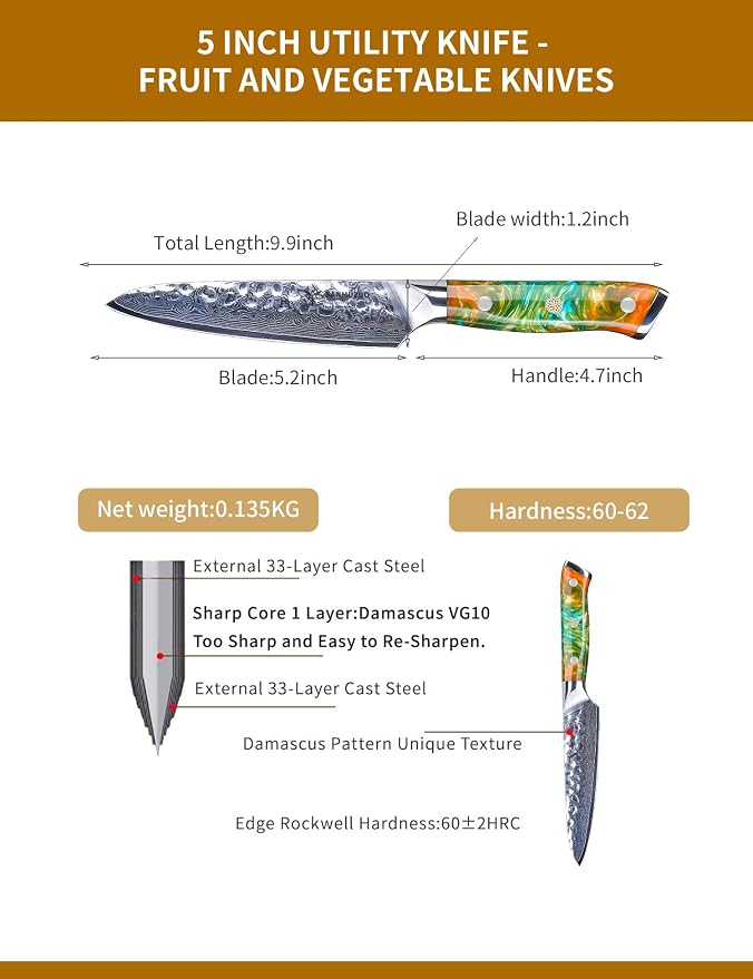 5 Inch Utility Knife - Fruit and Vegetable Knives, 67 Layers Forged Damascus Steel & Resin Handle - Yao Series