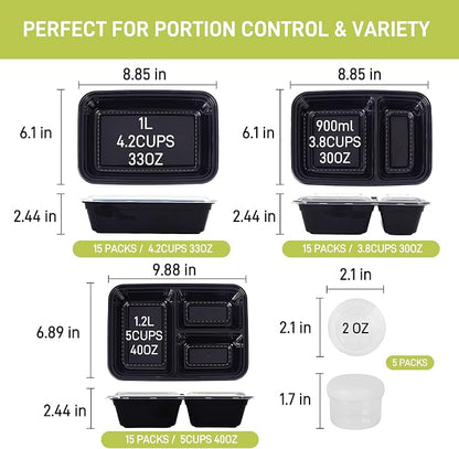 LISI 100-Piece Meal Prep Containers, 33oz Large Food Storage Containers with lids with 1, 2, 3-Compartment, Freezer Safe To-Go/Take-Out Boxes, Includes 5-Pack 2oz Dressing Cups for Take Out