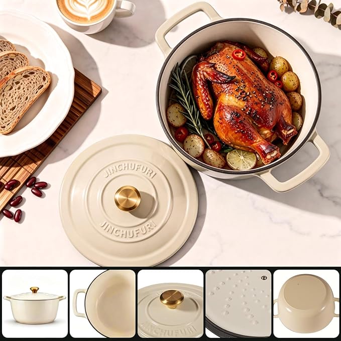 Enameled Cast Iron Dutch Oven - JINCHUFURI Cast Iron Dutch Oven with Lid 5 Quart enamel dutch ovens Pot Heavy-Duty Cookware for Sourdough Bread Baking,Stews, Roasting,Braising(white)
