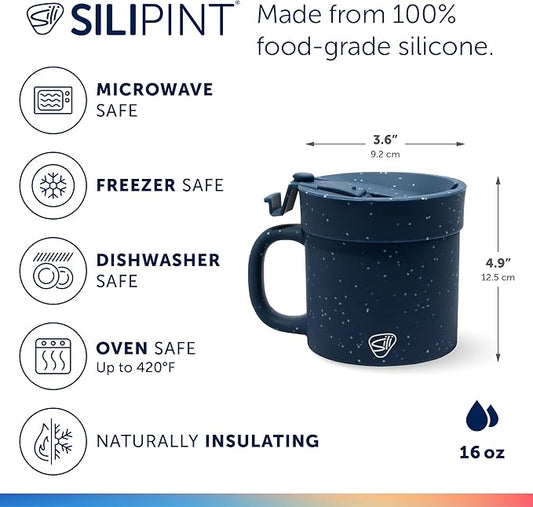 Silipint 16oz Silicone Coffee Mug Tumbler with Flip Lid – Unbreakable Dishwasher Safe Microwave Oven & Freezer Compatible – Cup for Coffee Tea or Cold Drinks (Speckled Blue) Pack of 1