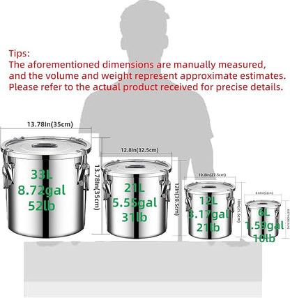 304 stainless steel food storage containers with lids lock clips airtight container large airtight for rice flour sugar grain coffee bean storage containers Kitchen jar (3.17gal/12L)