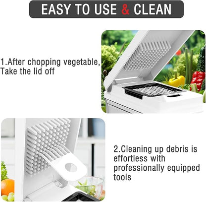 Food Chopper with Container, Veggie Chopper and Vegetable Chopper with 7 Stainless Steel Blades, Onion Chopper Dicer Cutter for Potato, Carrot, Garlic, Cubumber, Salad Meal Prep