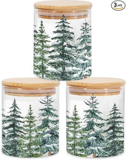 JarThenaAMCS 3Pcs Christmas Forest Glass Storage Jars with Airtight Lid Watercolor Xmas Tree Decorative Canisters Sets for Winter Home Kitchen Countertop