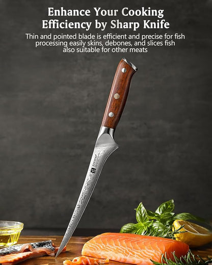 XINZUO 7 Inch Fillet Knife, Damascus Steel with 10Cr15MoV Core, Razor Sharp Boning Knife for Fish, Meat & Seafood, Rosewood Handle