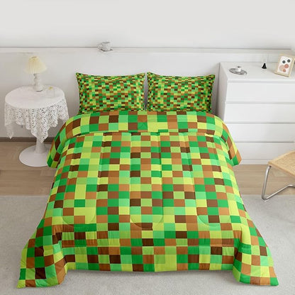 Manfei Pixelated Grid Bedding Set King Size,Geometric Camo Blocks Comforter Set with 2 Pillowcases,Miners Gamepad Games Bed Quilt,Green Brown Quilt Sets Home Decor,Women Men Birthday Gift